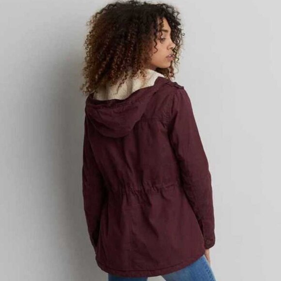 New XXS American Eagle hooded waxed cotton parka in Burgundy - Picture 2 of 8